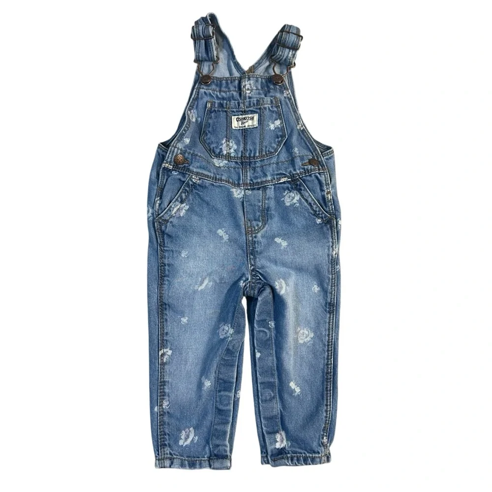 Oshkosh Bgosh Denim Bib Overalls Floral Cotton Size 12M Button Snap Leg